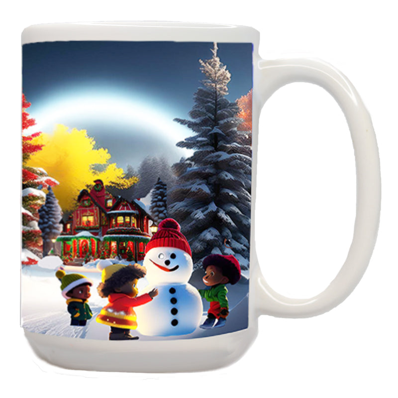 African American Kids Building A Snowman and Throwing Snowballs Mug