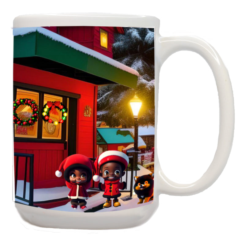 African American Christmas Kids Walking Their Dog Mug