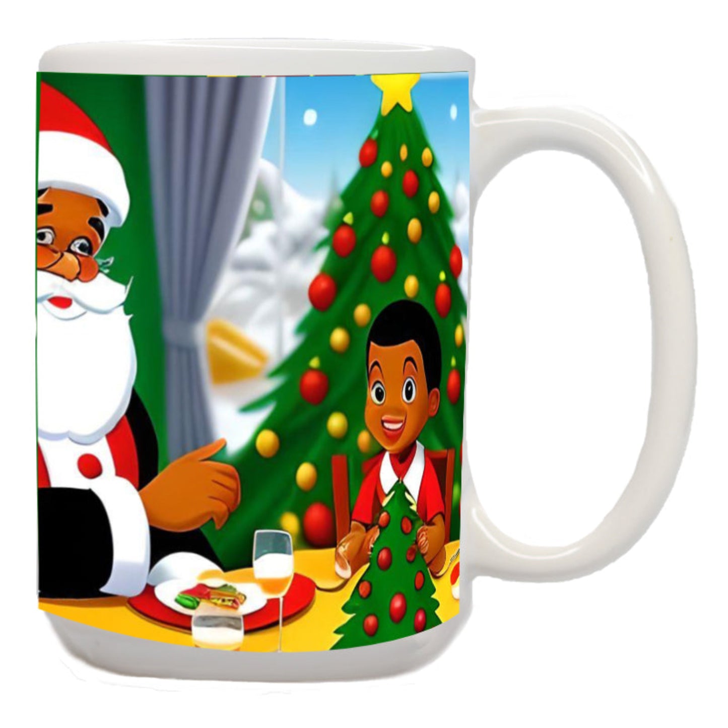 A ceramic coffee mug featuring Santa Claus and a handsome African American boy enjoying Christmas dinner