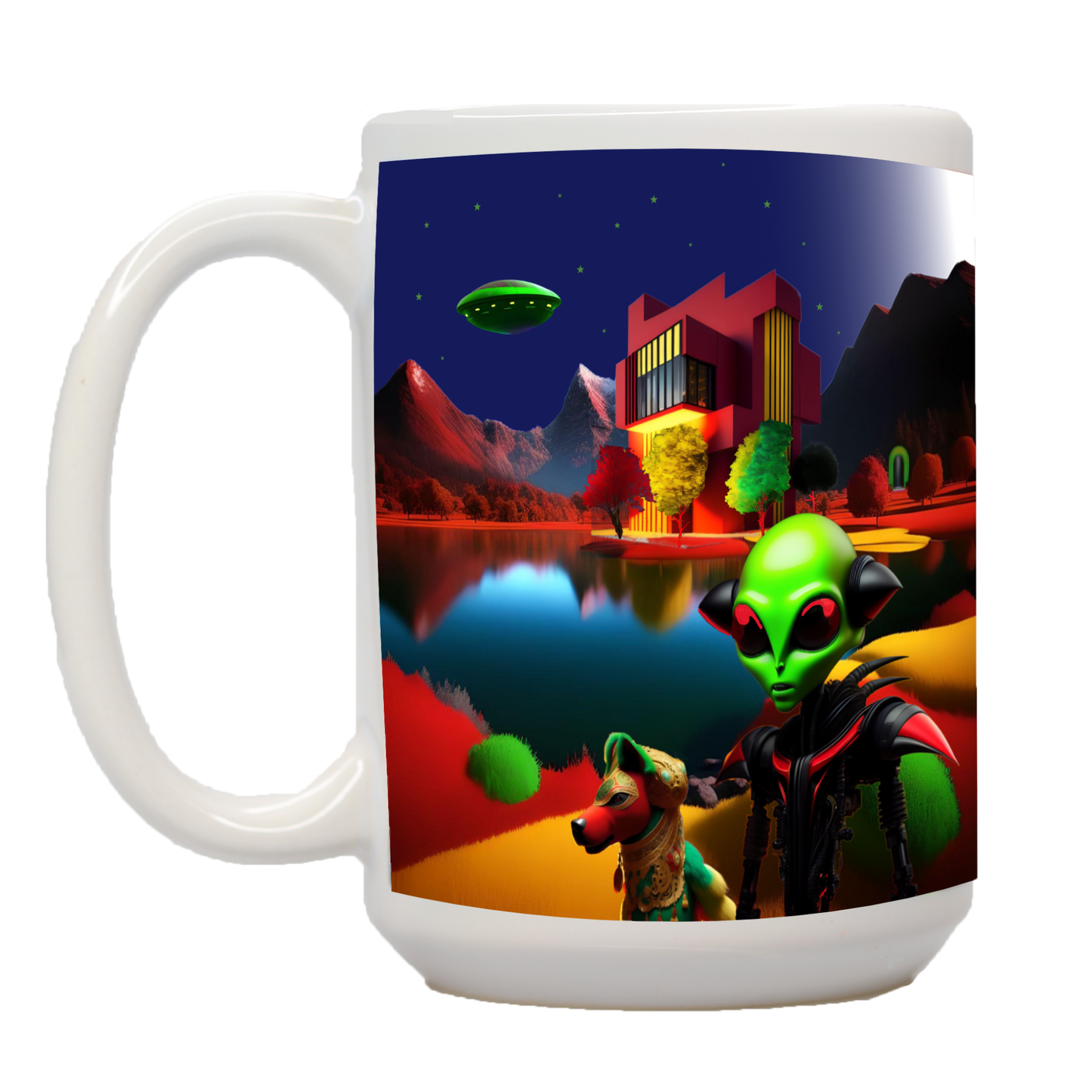 A ceramic coffee mug with a colorful illustration of an African American alien with his alien dog against a space-themed background.