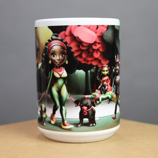 Mug with a colorful design of a beautiful African American woman walking dogs and another African American couple in the background.
