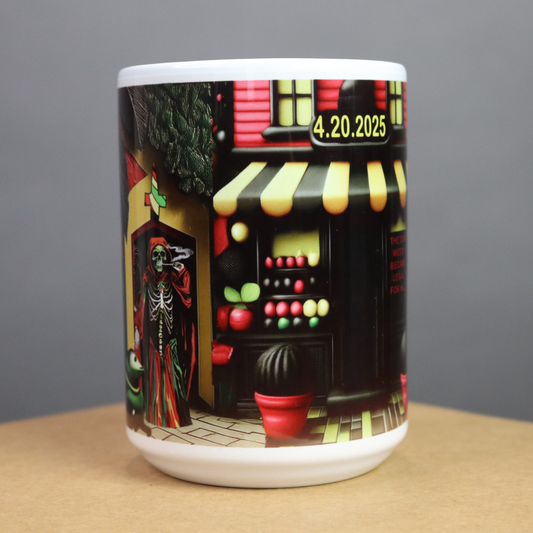 Mug with a colorful skeleton next door to a Red, Black, Green And Yellow Medical Marijuana Shop