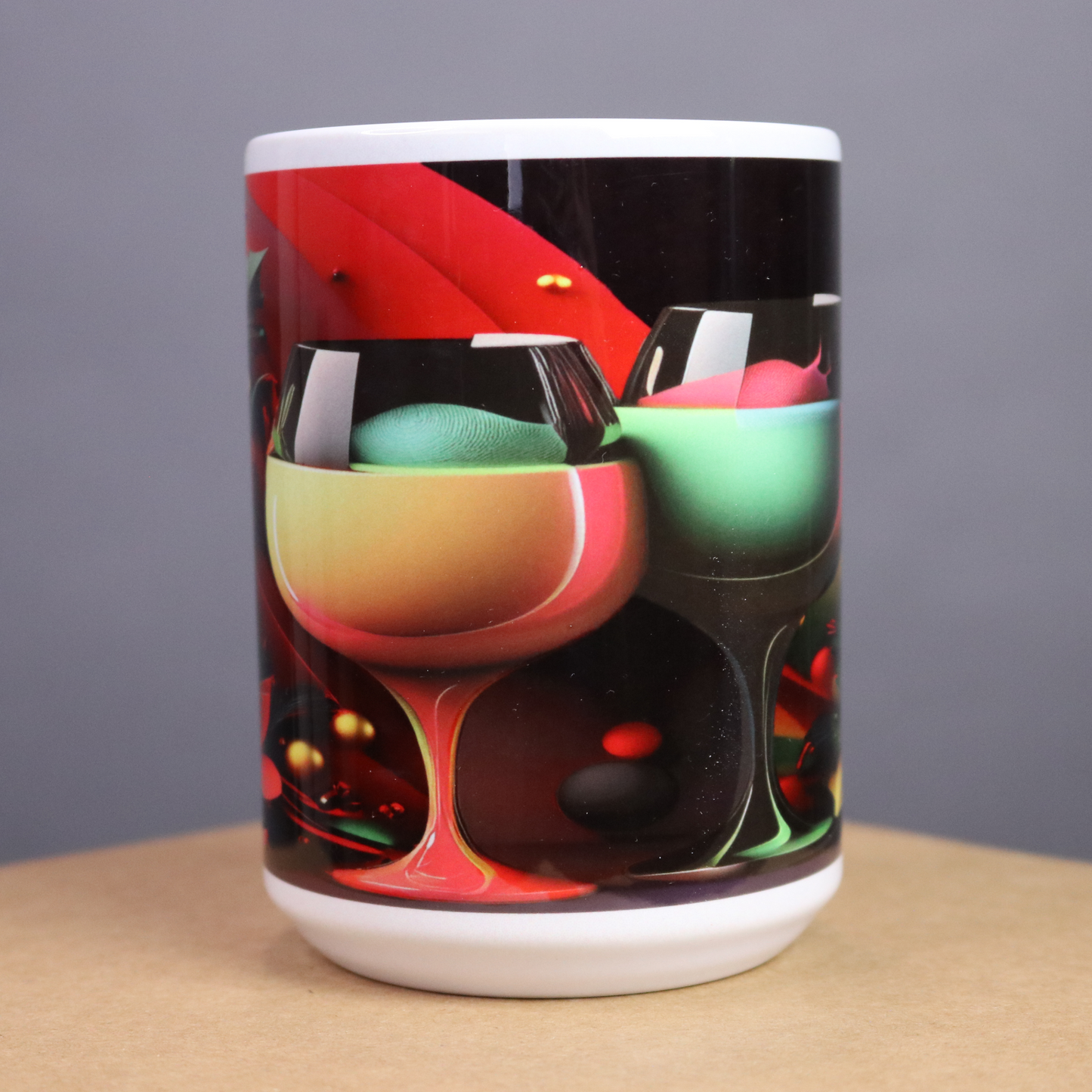 Mug with colorful wine glass design on a colorful background