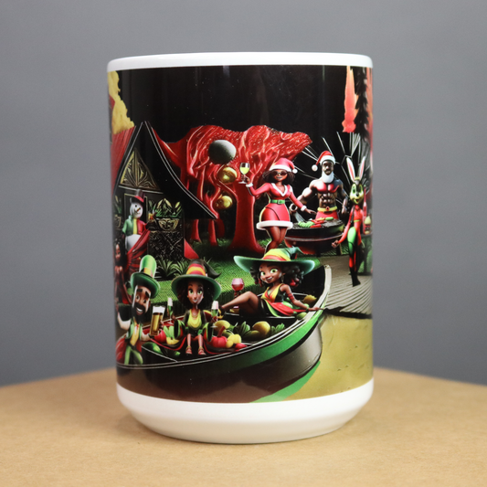 Mug with Santa and friends having fun in festive attire on a colorful background