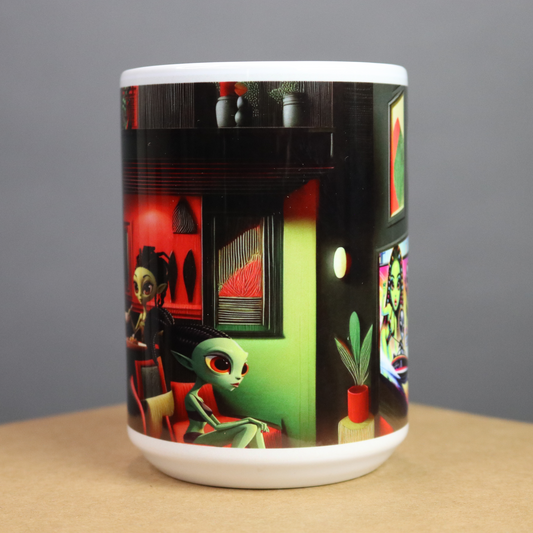 Mug with a colorful design of an alien in a room on a gray background
