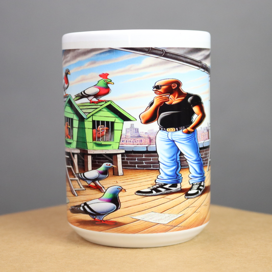 Mug with a colorful illustration of a man on a rooftop with pigeons and a colorful coops