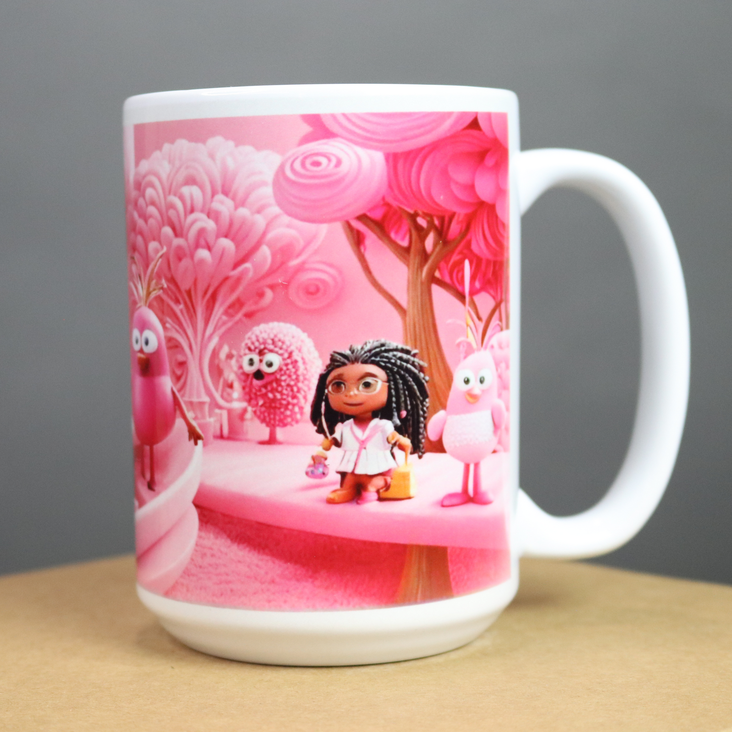 Mug with a colorful design featuring pink characters and pink trees on a pink background