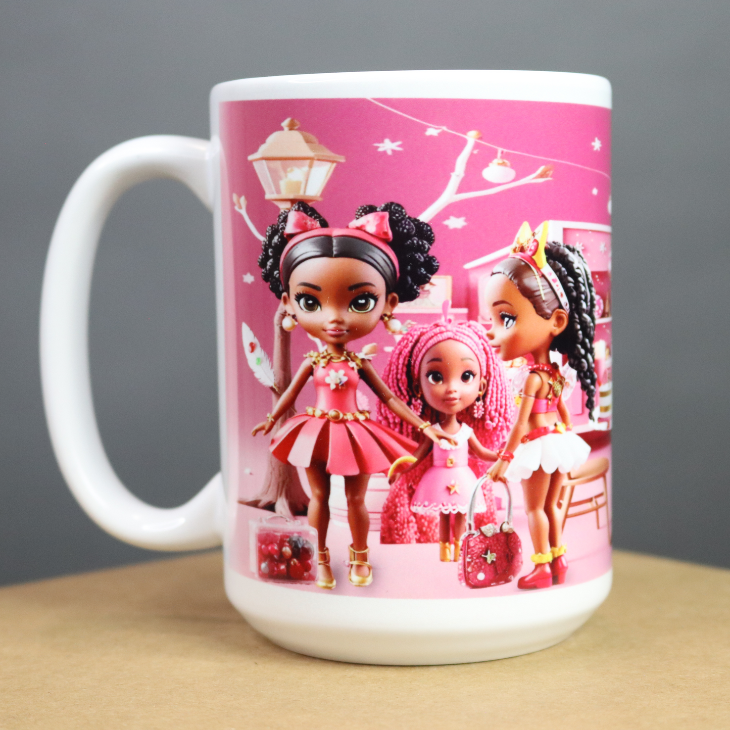 Pink mug with beautiful African American girls on a pink background