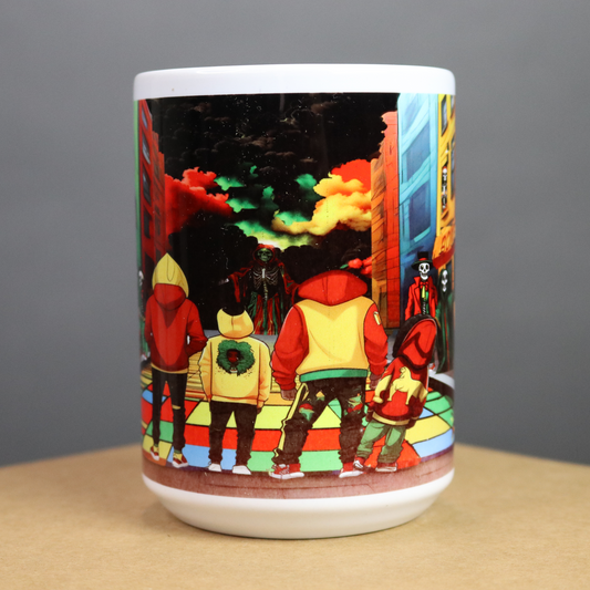 Colorful mug with a graphic design of Dia De Los Muertos in a cityscape on a black, red, green and yellow background