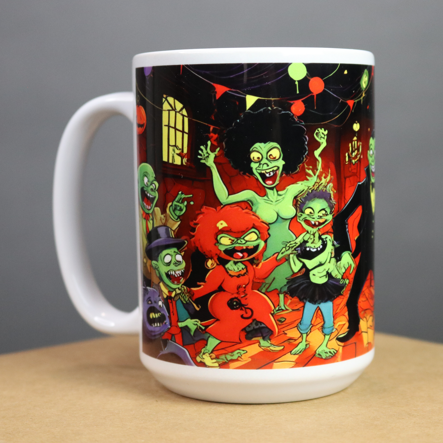 Mug with African American Halloween-themed design featuring Ghouls and Goblins at Dracula's house