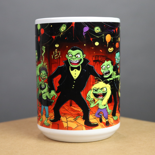 Mug with Halloween-themed design featuring an African America vampire and zombies