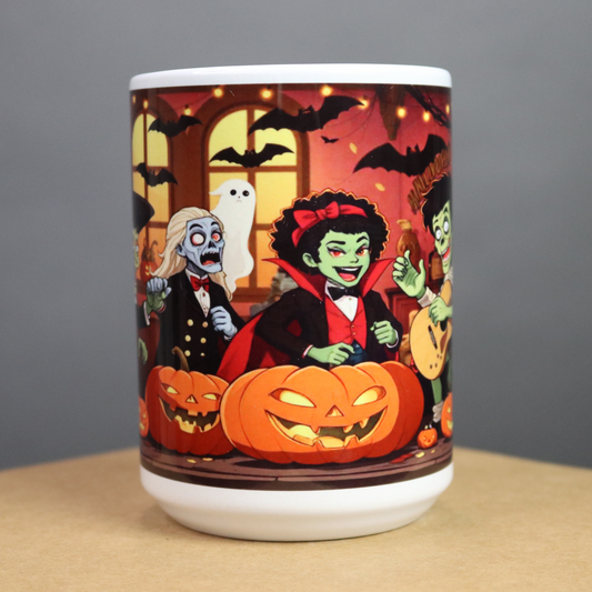 Halloween-themed mug with African American characters carving pumpkins