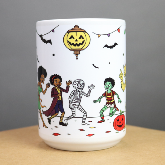 Ceramic mug with African American Halloween-themed illustrations on a white background