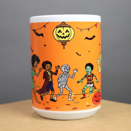 Halloween-themed mug with African American characters line dancing