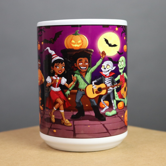 Halloween-themed mug with cartoon characters jamming.