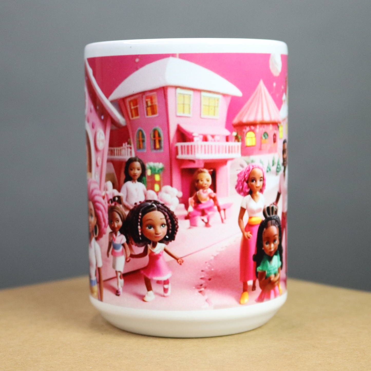 Mug with a colorful design of a pink houses on a family compound