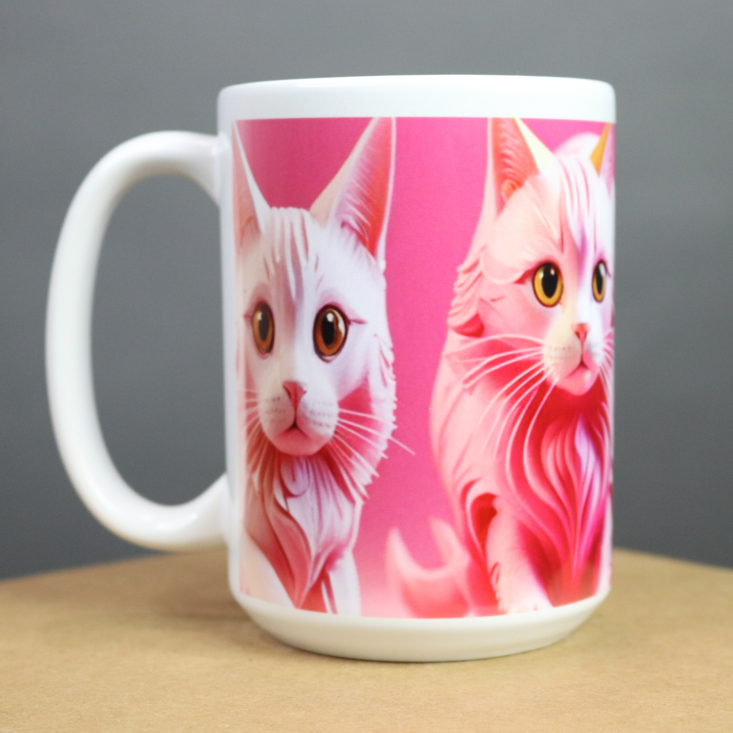 Pink mug with a pink background featuring pink cats