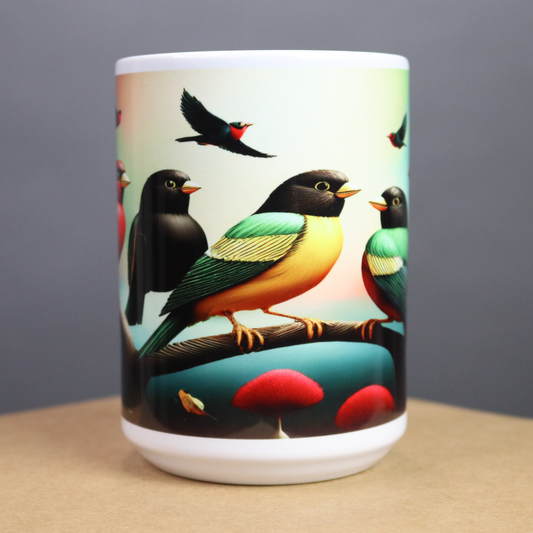 Mug with Red, Black, Green and Yellow bird designs