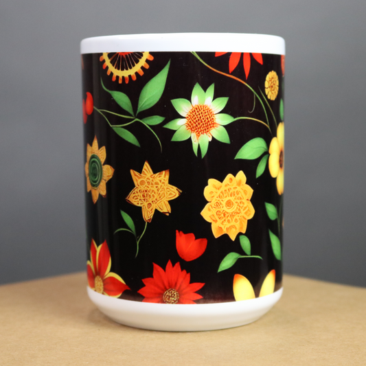 Mug with ethnic floral pattern on a black background