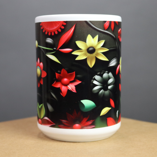 Colorful floral mug on a black background