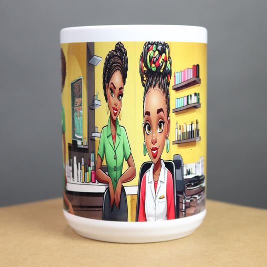 Mug with illustration of two women in a salon setting on a yellow background