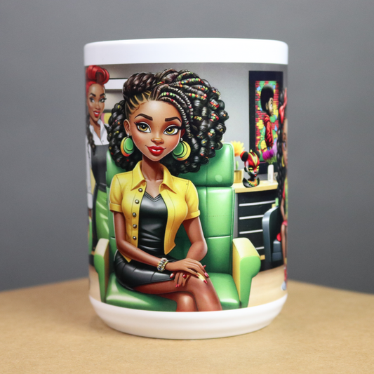 Mug with a colorful design of a woman in a salon chair