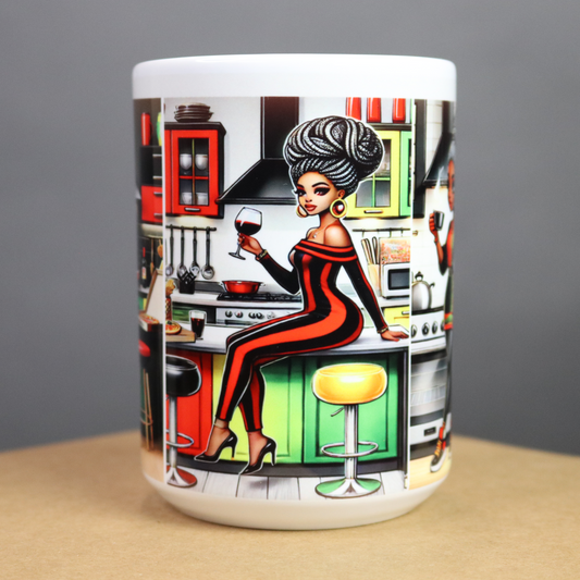 Mug with a colorful design of a woman in a kitchen - it's 5:00pm somewhere
