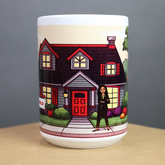 Mug with a beautiful African American Real Estate Agent completing a sale