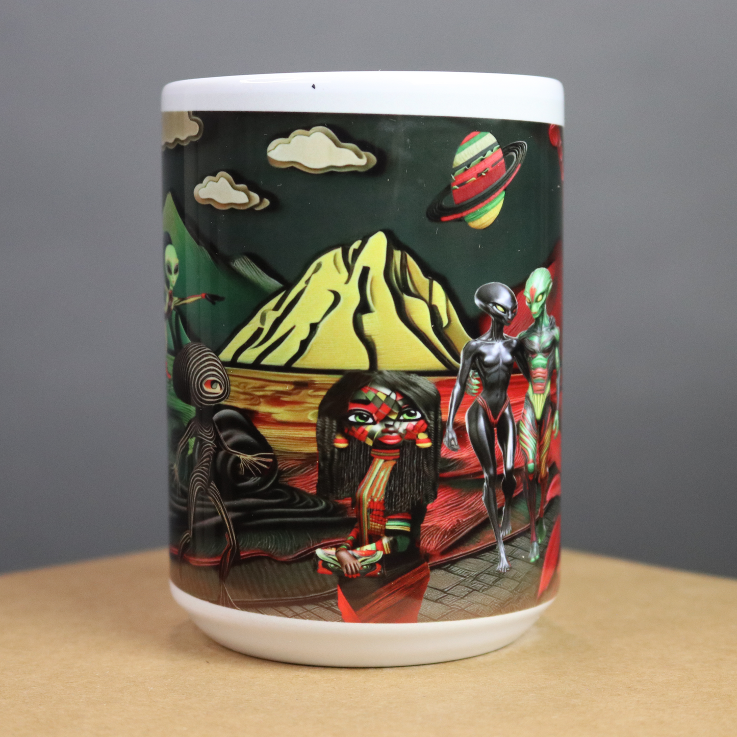 Mug with a colorful alien-themed design