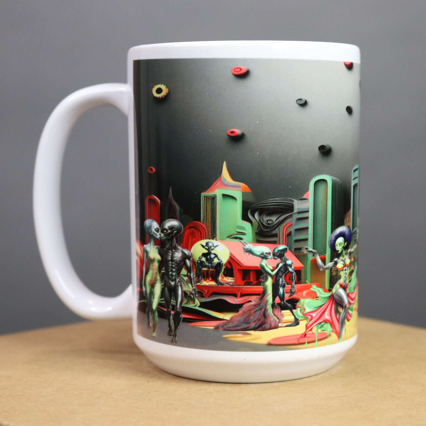 Mug with beautiful aliens dancing under a colorful gray sky