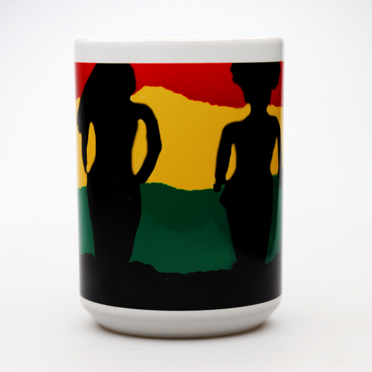 CC15 351 African American women in black silhouette walking through red, black, green and yellow clouds.