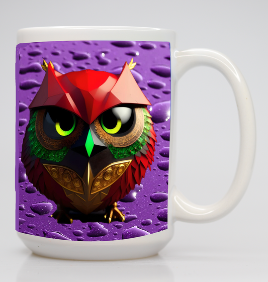 Red, Black Green and Yellow Owl on Purple Rain Mug