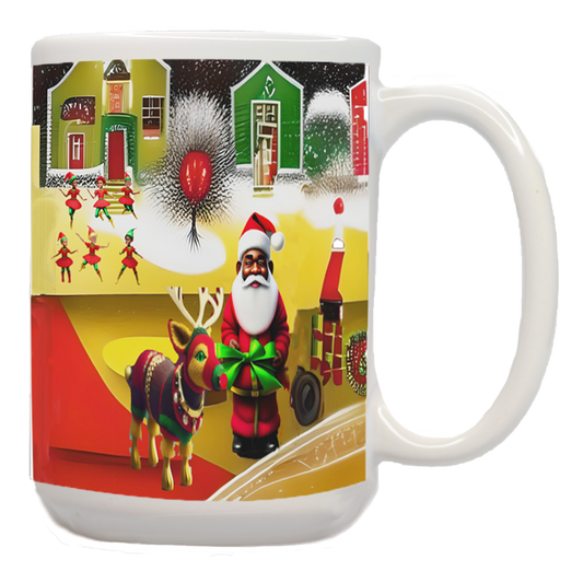 African American Santa and Reindeer Mug 1