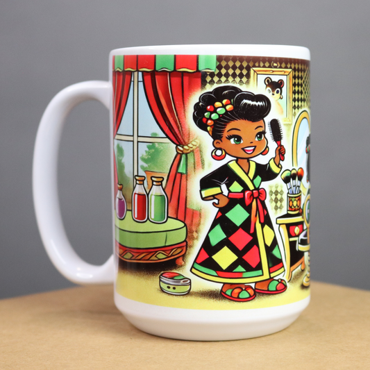 Mug with a colorful illustration of a mother and daughter in a Red, Black, Green and Yellow bedroom 