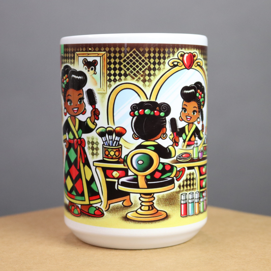 Mug with colorful illustration of a beautiful African American Mom brushing her daughter's hair.