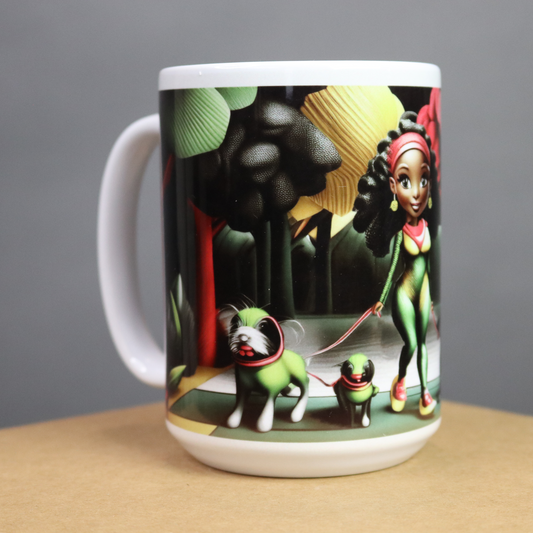 Mug with a colorful design of a character walking dogs 