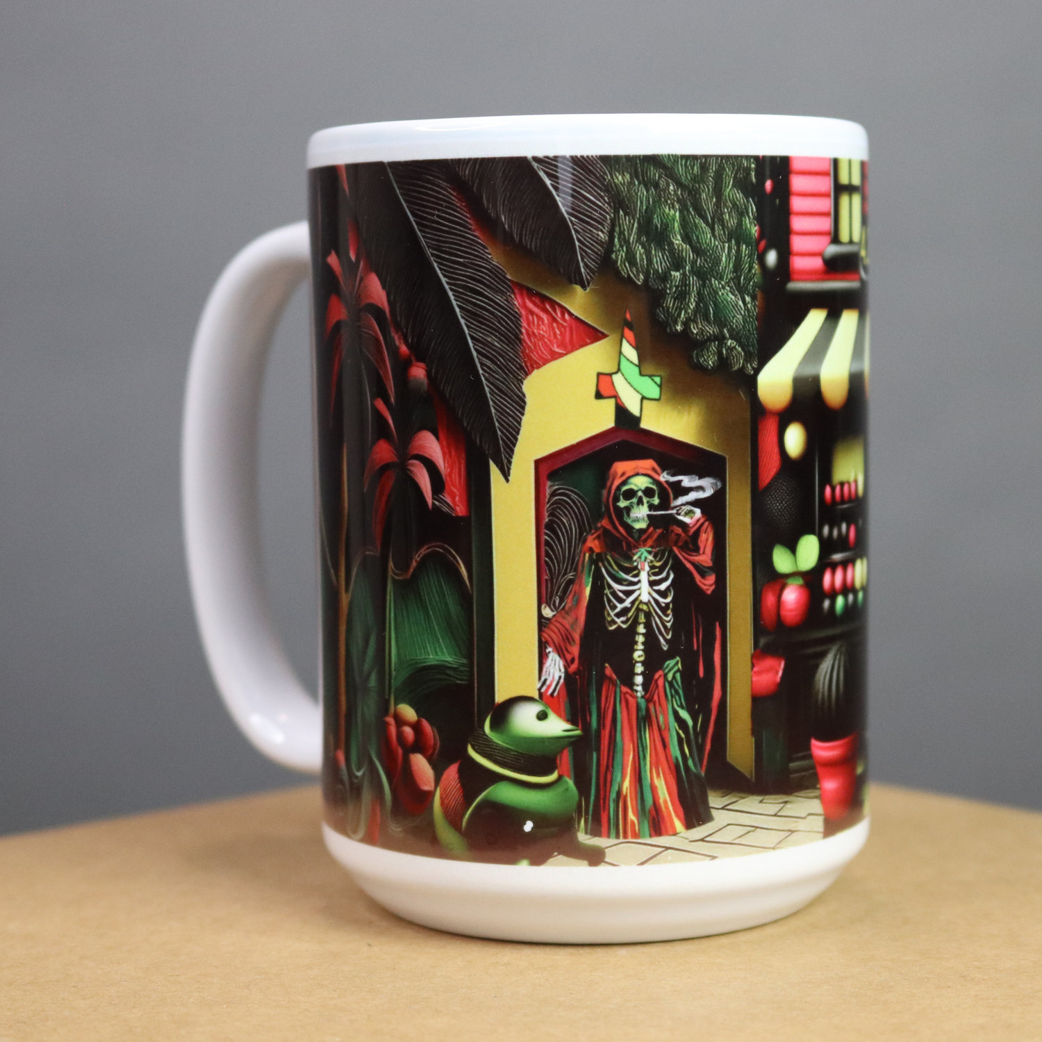 Mug with a colorful skeleton enjoying a blunt