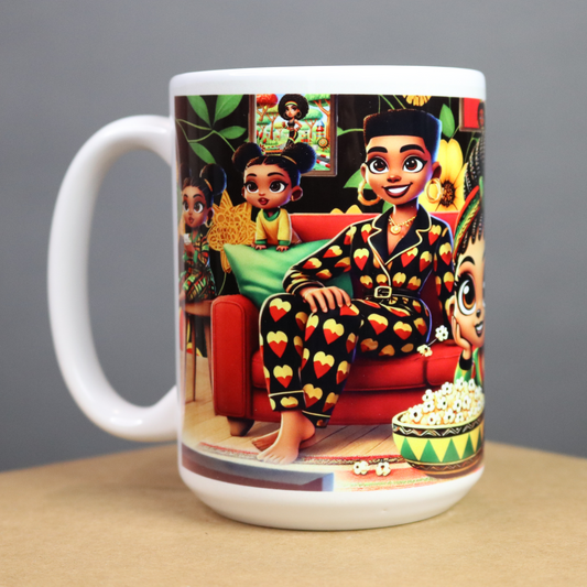 Mug with a colorful design of an African American family sitting on a couch watching TV
