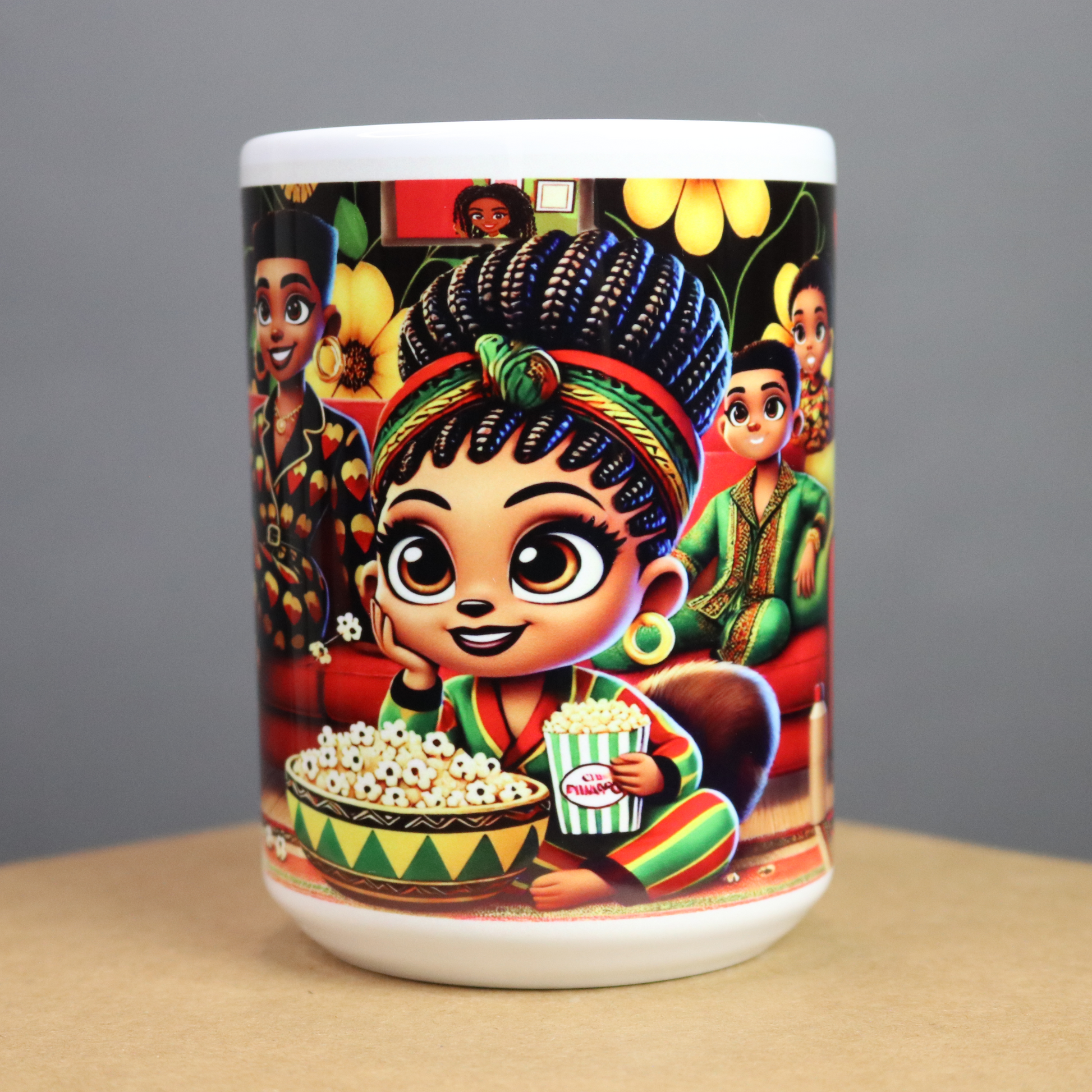 Mug with colorful design featuring an African American little girl eating popcorn