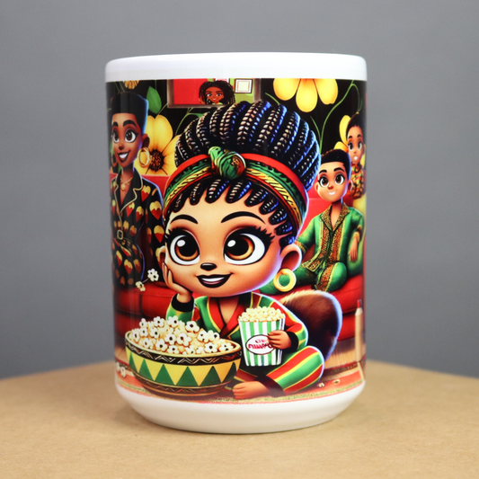 Mug with colorful design featuring an African American little girl eating popcorn