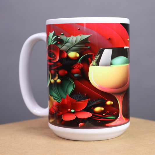 Decorative mug with a Red, Black, Green and Yellow floral design on a colorful background