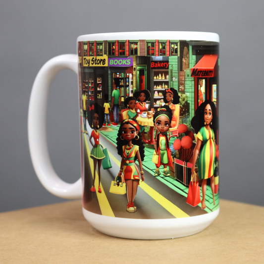 Mug with a colorful illustration of beautiful African American shoppers in a Red, Black, Green and Yellow mall