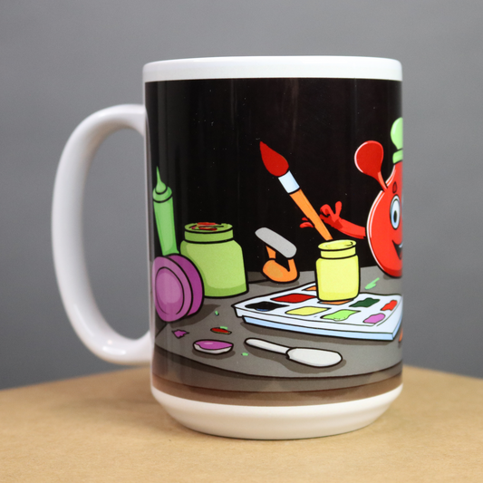 Mug with a colorful illustration of art supplies on a black background