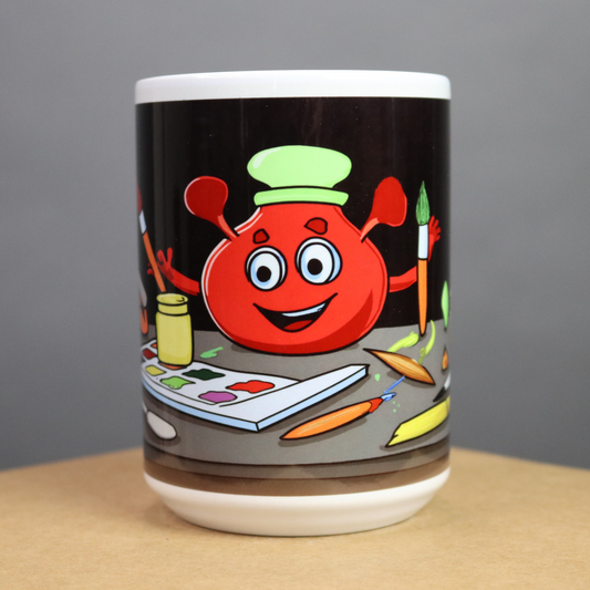 Colorful mug with a cartoon art teacher on a black background