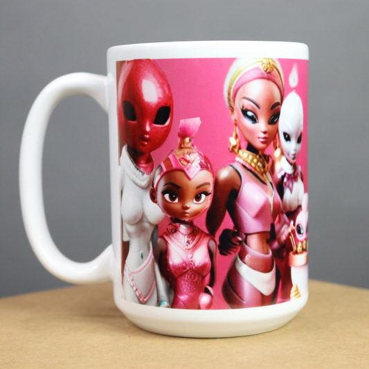 Pink mug with Beautiful alien  character design on a pink background