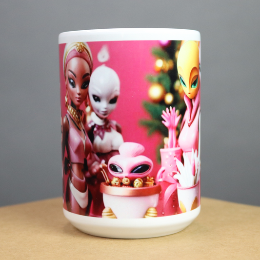 Pink alien character design on a pink background