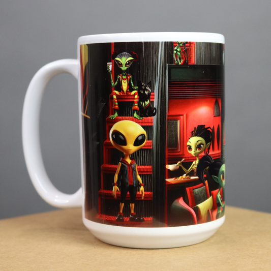 Mug with alien characters design on a gray background
