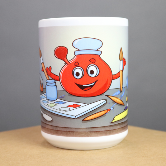 Mug with a cartoon character painting on a gray background