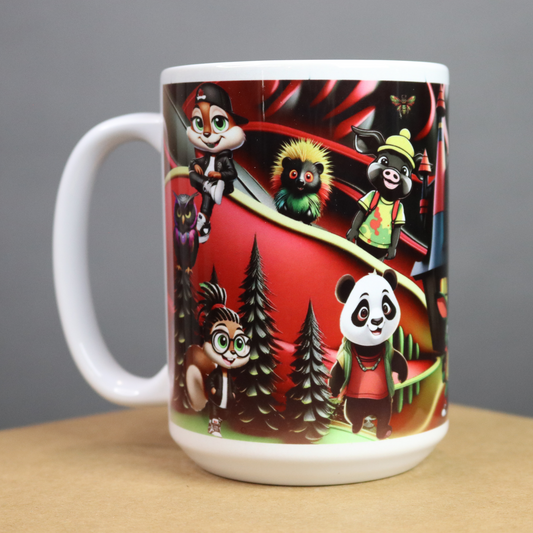 Mug with cartoon animals on a colorful background
