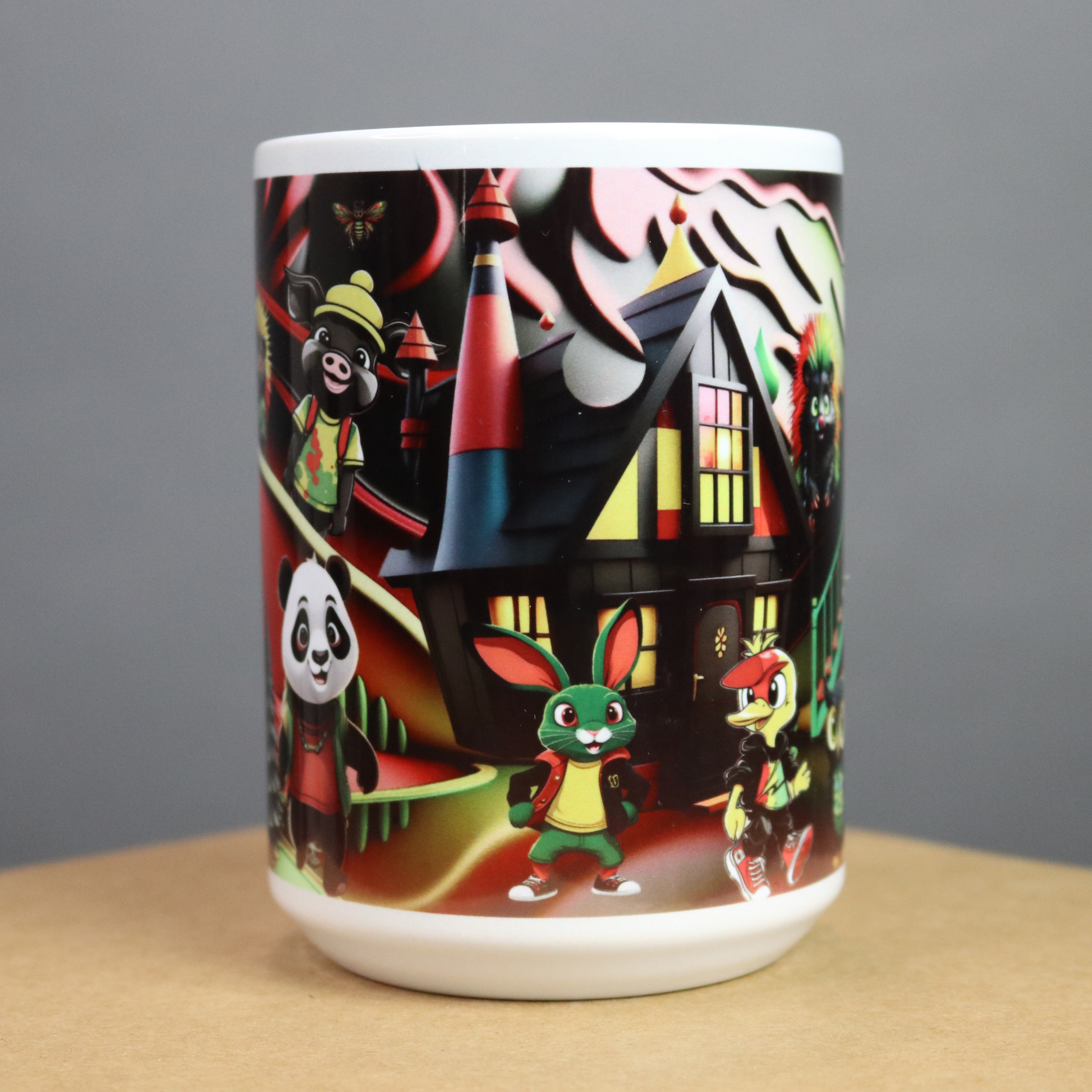 Mug with Red, Black, Green and Yellow cartoon animals enjoying outdoor activities